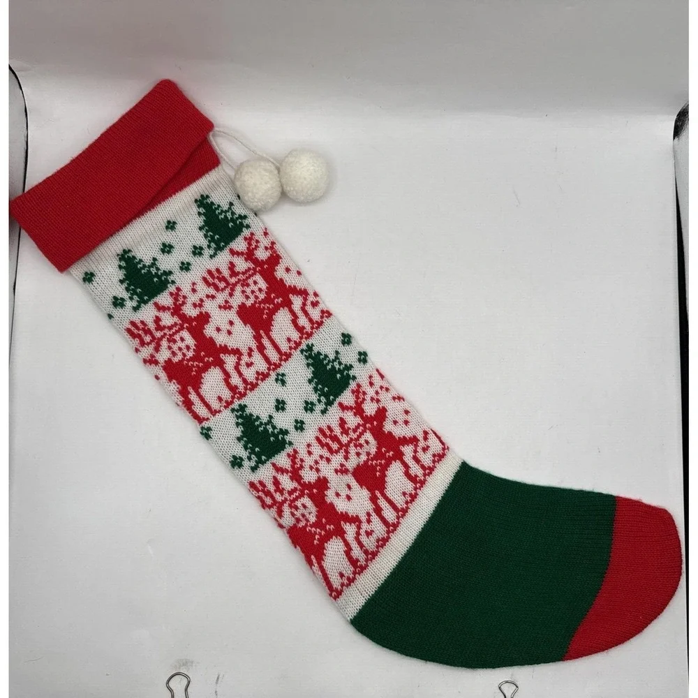 Vintage Long Knit Christmas Stocking Reindeer With Trees‎ Pom Pom 22